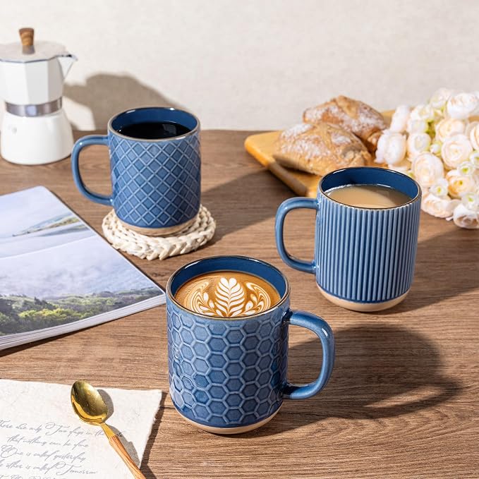GBhome Large Coffee Mugs Set of 6, 16oz Handmade Stoneware Coffee Mugs Set with Large Handle for Cappuccino/Latte/Tea/Hot Cocoa, Dishwasher & Microwave Safe, Moonlight Blue