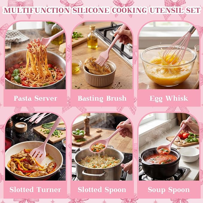 Fourluoo 30 Pcs Pink Bow Kitchen Decor and Utensils Set Pink Kitchen Towels and Rugs Oven Mitts and Pot Holders Non Toxic Silicone Utensils Set Heat Resistant Dishwasher for Women Mom Gift Cooking