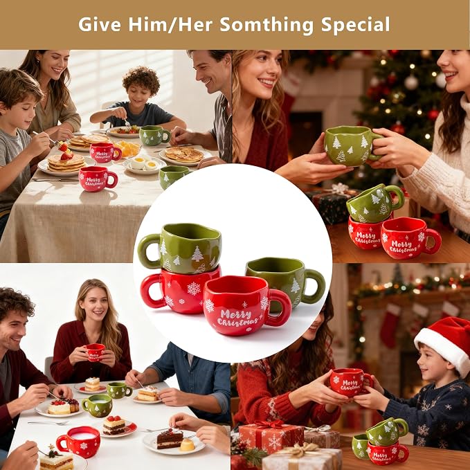 4pcs Ceramic Christmas Mugs Set, 9.4OZ Cute Coffee Cup Set, Red & Green, Dishwasher Safe, Christmas Tree & Snow Design, Gift for Women