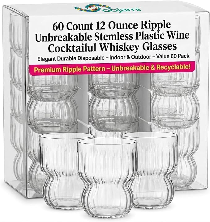 60 Count 12 Ounce ripple Unbreakable Stemless Plastic Wine Cocktail Whiskey Glasses Elegant Durable Disposable Indoor Outdoor Ideal for Home, Office, Bars, Wedding, Holiday, Celebrations, Tasting
