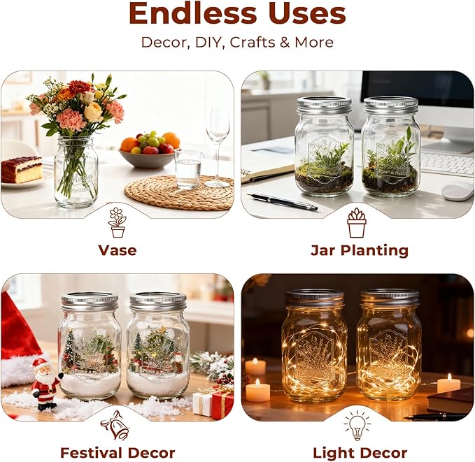 CycleMore 9 Pack 16 oz Mason Jars with Airtight Lids - Embossed Pint Glass Canning Jars for Pickling, Food Storage, Wedding Favors & DIY Crafts - Regular Mouth Design with Labels & Jute String