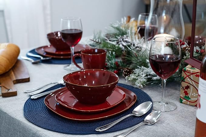 Elanze Designs 16-Piece Modern Luxury Chic Smooth Vintage Handmade Shape High Gloss Ceramic Stoneware Square Plate Mug & Bowl Kitchen Dinnerware 16 Piece Set - Service for 4, Deep Crimson Red