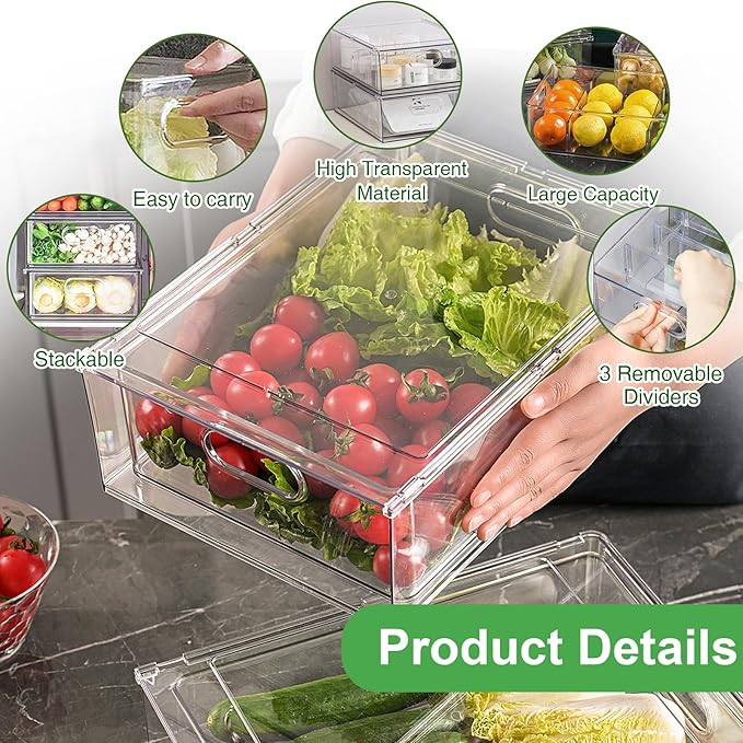 Extra Large Refrigerator Organizer Bins with Pull-out Drawer, Stackable Clear Bins with 3 Dividers, Pantry Organization and Food Storage