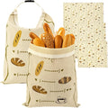Reusable Beeswax Bread Bags Set – 2 Large Organic Linen Bread Bags (17 x 13 Inches) + 3 Beeswax Wraps for Food, Homemade Bread, Bagel,Sourdough, Freezer Safe & Keeps Food Fresh