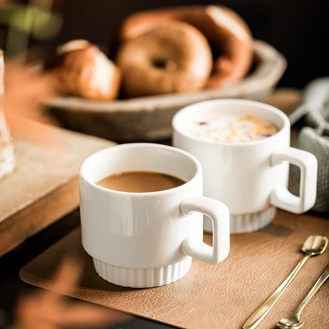 Miamolo Coffee Mugs Set of 4, Stackable Coffee Cups with Stand and Spoons | 11oz, Ceramic | for Espresso Cappuccino Latte Tea Drinks | Dishwasher & Microwave Safe | Housewarming Gift | White