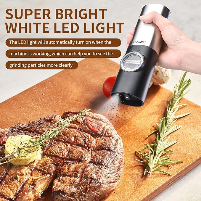 Electric Salt or Pepper Grinder Battery Operated, Automatic Salt and Pepper Mill Grinder Shakers with LED Light, Adjustable Coarseness, Include Brush and Spoon, Stainless Steel 1 PACK