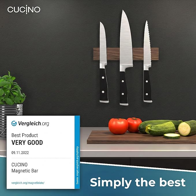 CUCINO Magnetic Knife Holder for wall, 10" no drilling required, includes self-adhesive tape, extra strong for holding knives – Awarded magnet strip – Walnut
