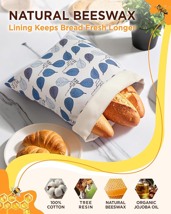 Reusable Beeswax Bread Bag for Homemade Bread, Extra Large Cotton Sourdough Bread Storage Bags, Freezer Safe Bread Keeper for Baker | Breathable material