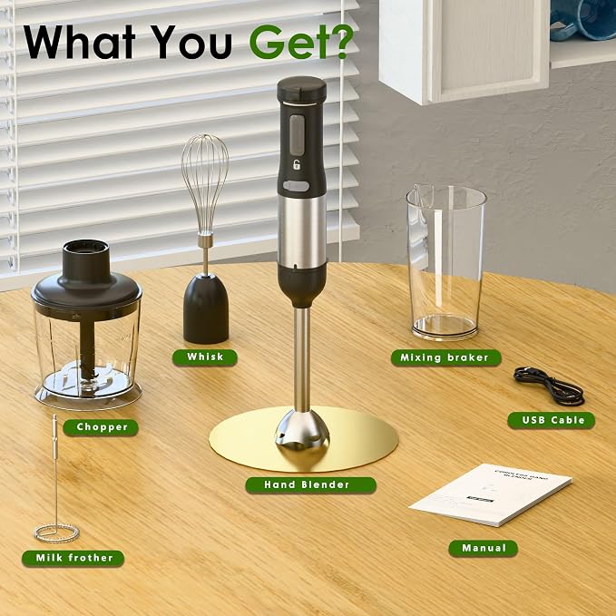 Cordless Immersion Hand Blender, 5-in-1 Variable Speed blender handheld,Rechargeable with 2000mAh Battery, BPA-Free & Dishwasher-Safe Accessories:700ml Beaker,Chopper,Whisk & Milk Frother,Black