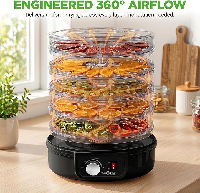 Nutrichef Electric Countertop Food Dehydrator | Professional Multi-Tier Food Preserver | Dehydrate Fish, Beef Jerky, Meats, Mushrooms, Fruits & Vegetables | 5 Stackable Trays for Easy Cleaning
