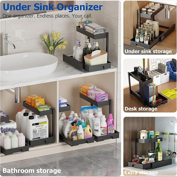 BLULEE 2 Tier Under Sink Organizer, Adjustable Cabinet Storage Rack（2 PACK） | Under the sink organizer for kitchen organization. Heavy duty metal frame clears bathroom vanity pipes safely.