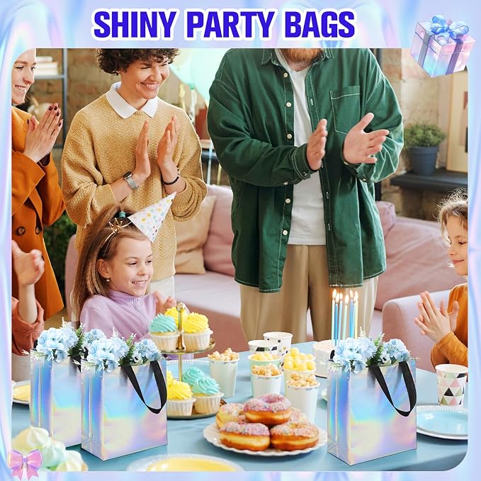 Eccliy Reusable Gift Bags Set Glossy Grocery Gift Tote Bag with Handle for Wedding, Bridal Shower, 4th of July, Summer Event(10 x 8 x 4.7 Inch,Rainbow,80 Pcs)