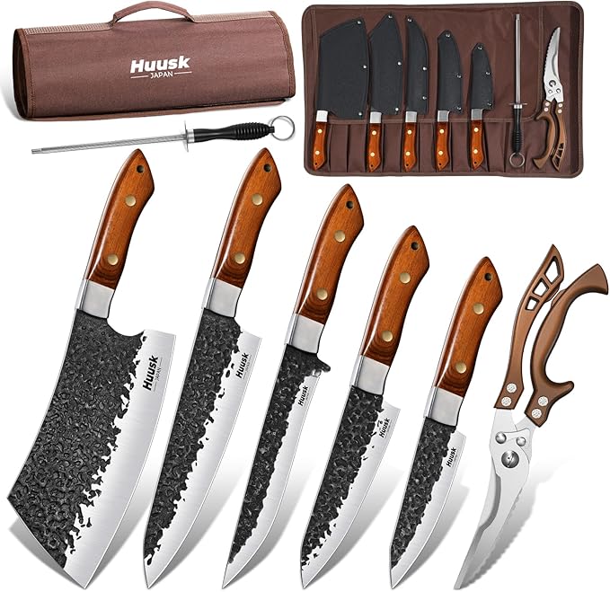 Huusk Butcher Knife Set 7 PCS - Japanese Chef Knife Set with Sharpening Rod, Kitchen Scissors & Portable Roll Bag, Hand Forged Cooking Knives for BBQ Camping Kitchen, Gifts for Men Women