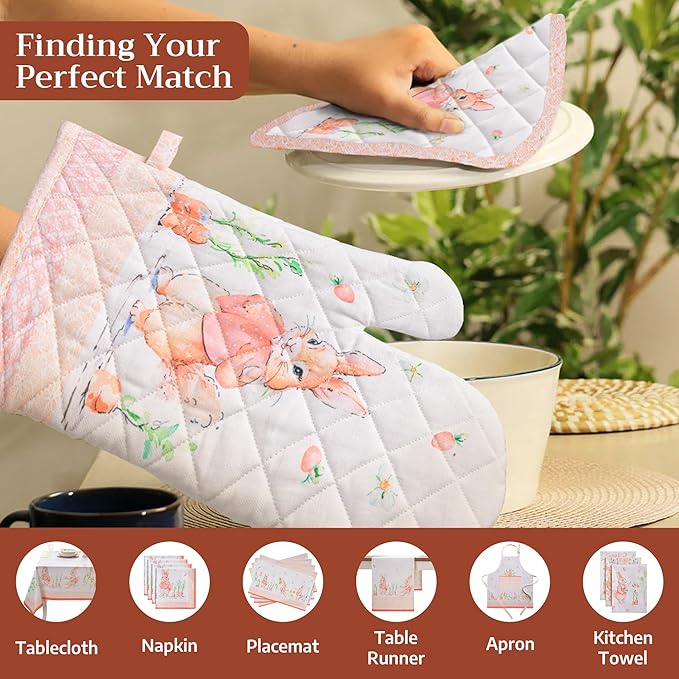 Maison d'Hermine Oven Gloves 100% Cotton Oven Mitt 7" x 13" with Loop Heat Resistant BBQ Cooking Gloves Baking Grilling Gifts for Mothers Day Spring/Summer (Pack of 1, Bunny Party)