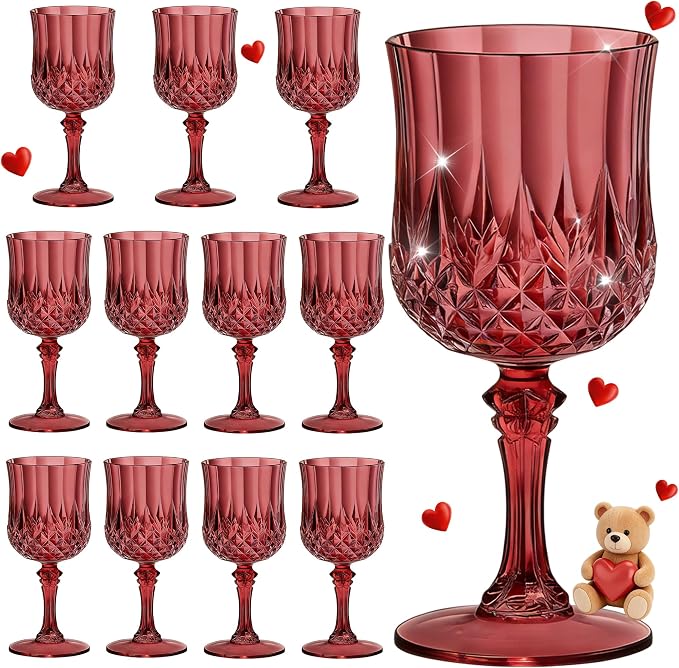 7OZ Plastic Wine Glasses, Reusable Vintage Goblets Unbreakable Drinking Glasses Crystal Water Cups Champagne for Wedding, Parties (12, Burgundy)