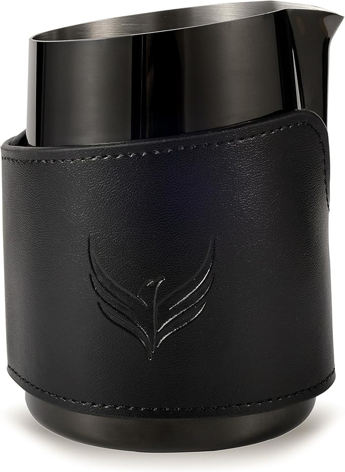 Espresso Pitcher For Latte Art Premium Handleless Design Stainless Steel Pitcher with Leather Sleeve 14oz Milk Frother Jug Gift For Espresso Lovers (Black)