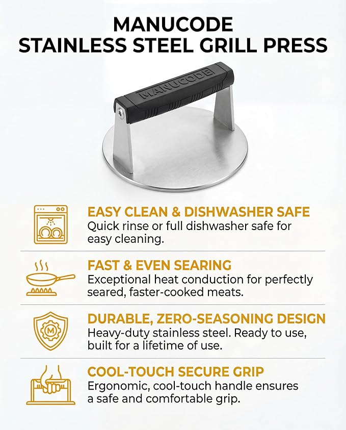 Stainless Steel Burger Smasher 2.70 LB – 7 Inch Steak Weight for Smash Burgers, Bacon, Sandwiches | Dishwasher Safe, Preheatable Protein Press with Silicone Handle | Commercial BBQ Tool