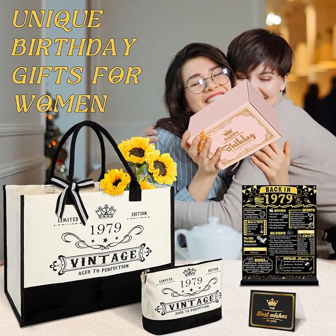 YeohJoy 47th Birthday Gifts for Women Canvas Tote Bag Travel Gear, Unique 47 Years Old Birthday Gifts for Mom Aunt Friends Wife Sister Her, Vintage 1979 Handbag & Cosmetic Bag & Back in 1979 Poster