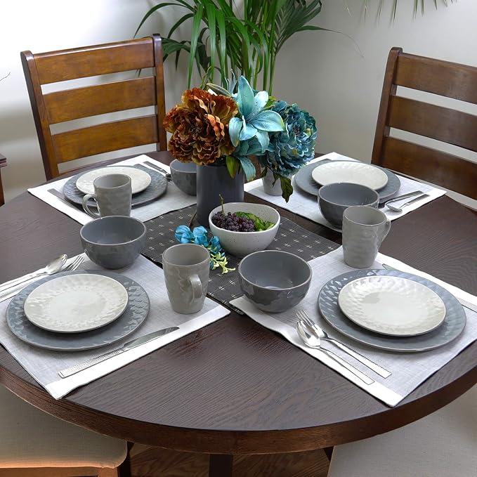 Elama Tahitian Pearl 16-Piece Dinnerware Set in Slate and Stone Pearl with Setting for 4