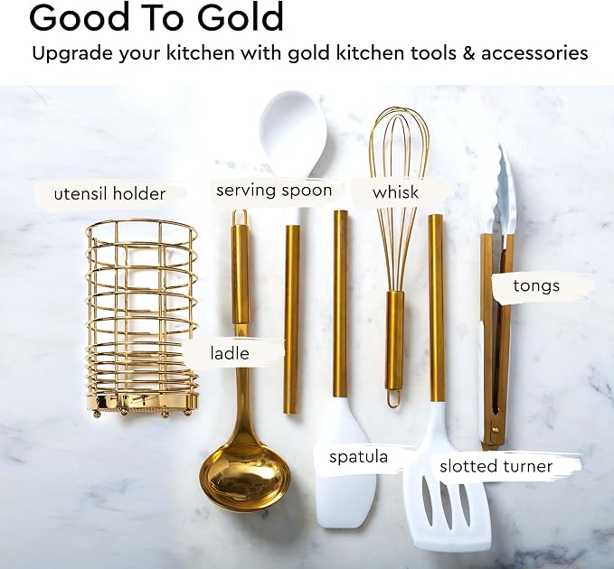 Gold Kitchen Utensils Set – 7-Piece White Silicone Cooking Tools with Gold Utensil Holder – Luxury Kitchen Accessories for Stylish Cooking and Serving, Ideal for Gifting