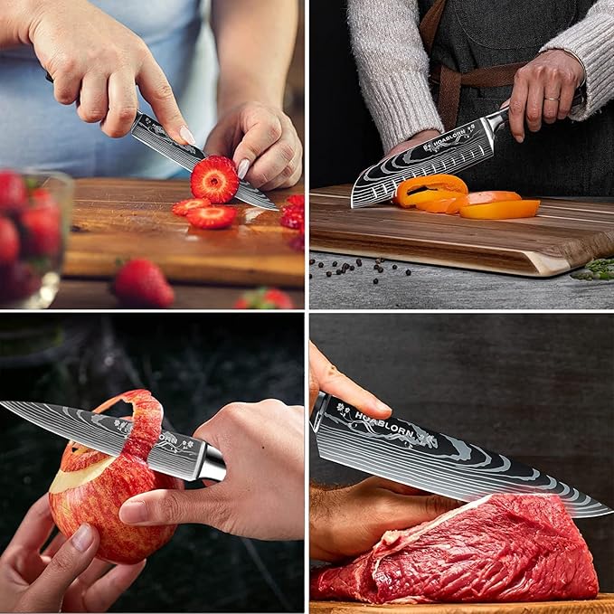 Kitchen Knives Set with Block HOABLORN Luxury 19pcs Magnetic Block Knife Sets :Acacia Knife Holder with Strong Magnet Heart,Damascus Kitchen Knives German Stainless Steel The One for Your Chefs