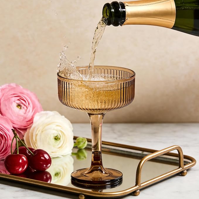 Houmury 7oz Amber Plastic Wine Glasses Unbreakable Wedding Plastic Champagne Flutes Goblet Glasses Reusable Clear Acrylic Martini Drinkware For Birthday Party (56, Amber)