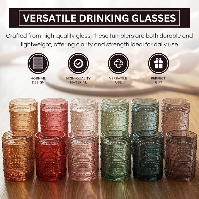 Khen Hobnail Beaded Highball Drinking Tumbler Glasses | Set of 12 | Color, Vintage Bubble Design Whiskey Glassware, Old-Fashioned, Embossed Design for Water, Wine, Cocktail Embossed, Rocks Glass