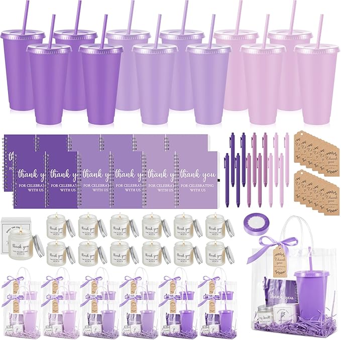 Nuogo 12 Sets New Parent Shower Prizes for Player Winners Adult, Wedding Bridal Shower Gift, Plastic Tumbler Notebook Scented Candle Ballpoint Pen Bag (Gradient Purple,Classic Style)