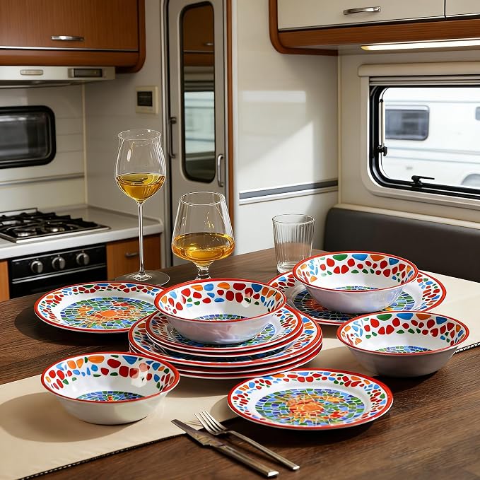 Melamine Dinnerware Sets for 4,Unbreakable Coastal Red Dishes | Reusable Plates and Bowls Sets, Chip Resistant Dinnerware Set for Camping, Lightweight Dishes with Nautical Ocean