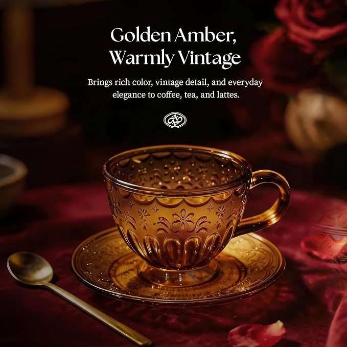 Handcrafted Vintage Glass Coffee Cup and Saucer Set, 12 oz Large Tea Cup with Round Saucer for Coffee, Latte, Tea, Gift for Women, Microwave & Dishwasher Safe, Golden Amber