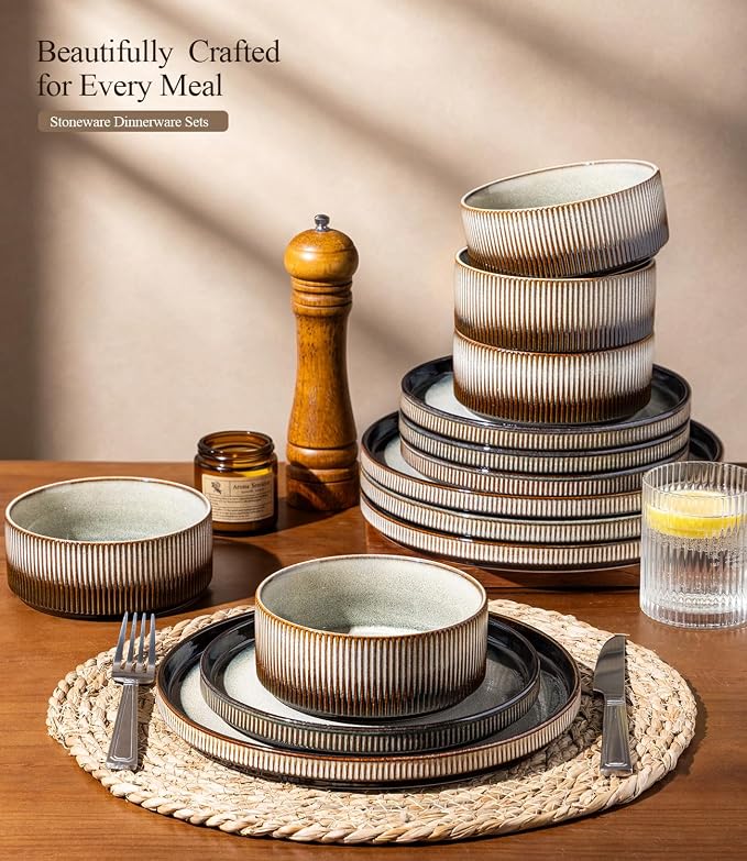 GBHOME 12-Piece Stoneware Dinnerware Set for 4 – Ribbed Ceramic Plates and Bowls, Scratch-Resistant, Microwave & Dishwasher Safe, Reactive Glaze, Sage Dersert Gradient