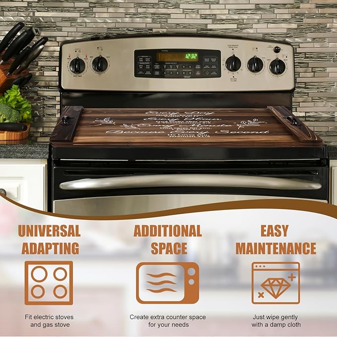 Patelai Noodle Board Stove Wooden Cover Stove Top Cutting Board with Handles 27.5 X 21.6 Inches Sink Cover for Electric Gas Burners Kitchen Counter Space(Christian Style)