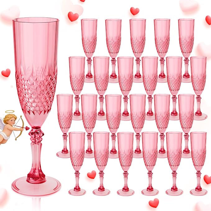 Plastic Champagne Flutes, Champagne Glasses Bulk, Reusable Unbreakable Acrylic Wine Glasses Goblets for Weddings Bachelor Parties Toasting Bridal Shower (24, Red)