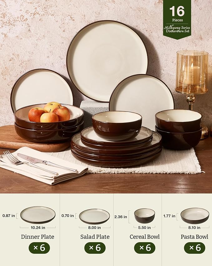 Famiware Milkyway Stoneware Dinnerware Set, 16-Piece, Including Pasta Bowl, Double Reactive Glaze, Plates and Bowls, Service for 4, Microwave and Dishwasher Safe, Light khaki & Cocoa