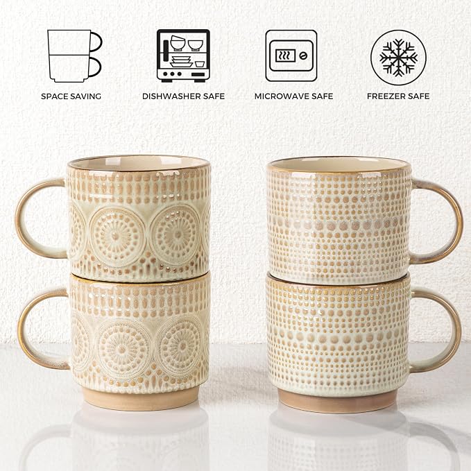 GBhome 12OZ Stackable Coffee Mugs, Ceramic Coffee Mugs with Texture Patterns for Man,Woman,Dad,Mom, Modern Coffee Mugs Set of 4 for Latte/Cappuccino/Cocoa. Dishwasher&Microwave Safe