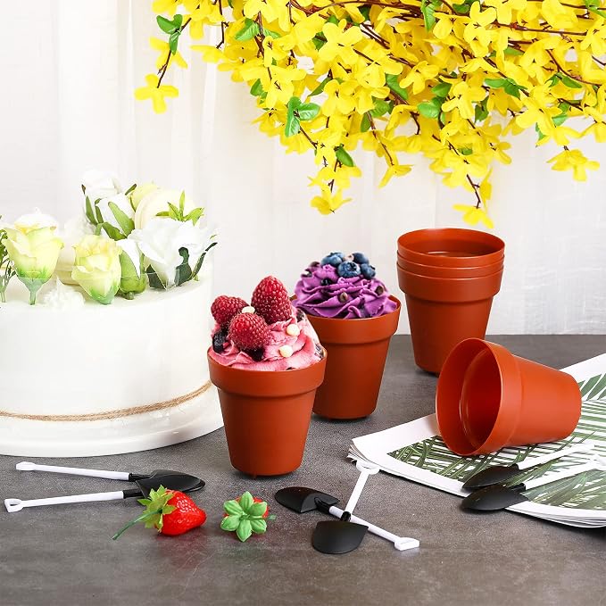 Patelai 50 Pack Flower Pot Dessert Cups with Shovel Spoons Plastic Cake Desserts Cups for Farmers Market Construction Birthday Party Baking Supplies, Ice Cream, Cupcakes, Yogurt, Pudding