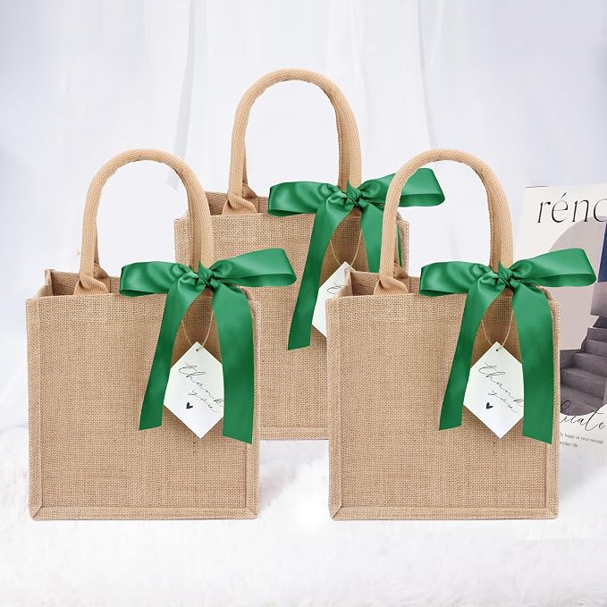 6 Pack Burlap Tote Bags with Handles Reusable Small Jute Gift Bags with Dark Green Silk Ribbons Waterproof Lining for Wedding Bridesmaid Mother's Day Bachelorette Beach Party