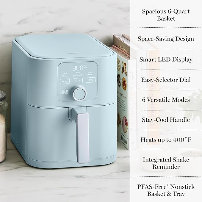 Martha Stewart 6QT Air Fryer, 6-in-1, Bake, Broil, Roast, Air Fry, Dehydrate, Reheat, Ceramic Non-Stick Basket, Crispy Results Fast, 400°F Max Temp, Shake Reminder, Auto Shut-Off, Sky Blue