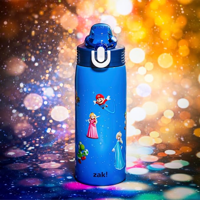 Zak Designs The Super Mario Galaxy Movie Sage Kids Water Bottle For School or Travel, 19oz Insulated Stainless Steel Water Bottle With Leak-Proof Straw, BPA Free (Mario & Friends)