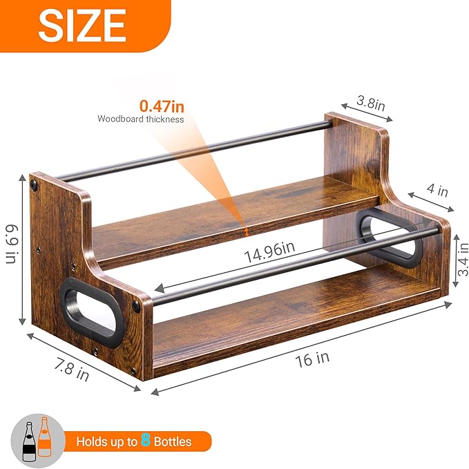 YQBRAO 2-Tier Liquor Bottle Display Shelf, Coffee Syrup Rack Organizer, Water Bottle Organizer, Mini Bar Cabinet, Rustic Bar Shelves for Liquor Whiskey, Spirits
