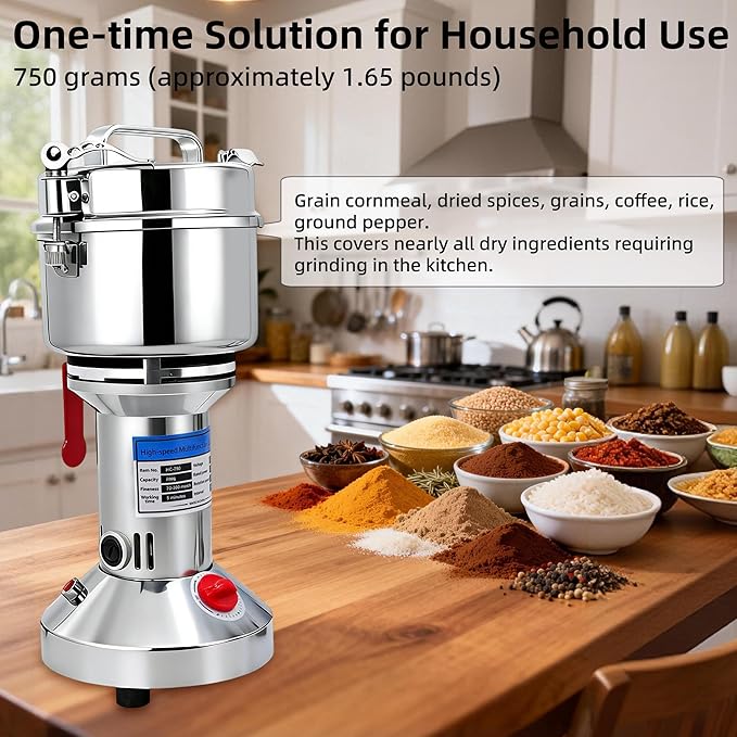 750g Grain Mill Grinder, 2000W High Speed Wheat Grinder for Making Flour, Stainless Steel Countertop Grain Mill Flour Suitable for Coffee Beans, Pepper, Dry Spice