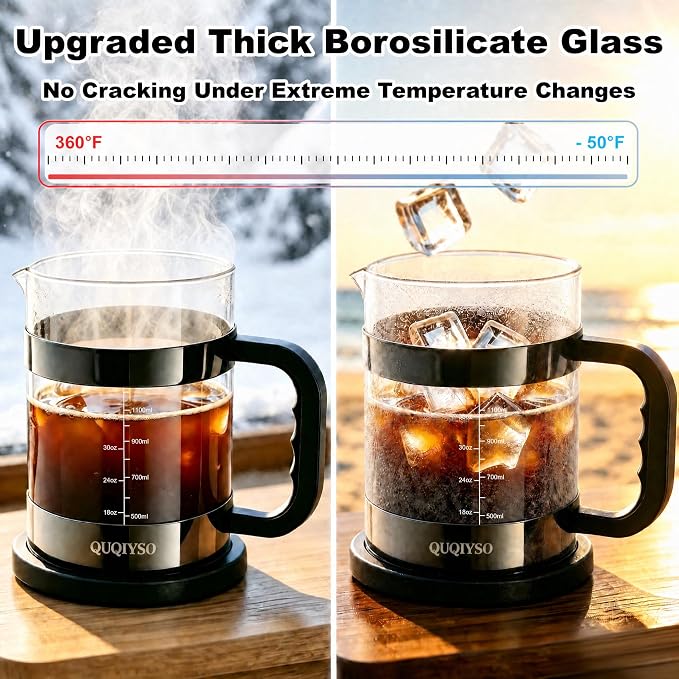 QUQIYSO French Press Coffee Maker – 304 Stainless Steel Filter, 2.8mm Thick Heat-Resistant Borosilicate Glass, Easy to Clean, Large Coffee Press for Home, Office, Party, 51oz, Dark Pewter