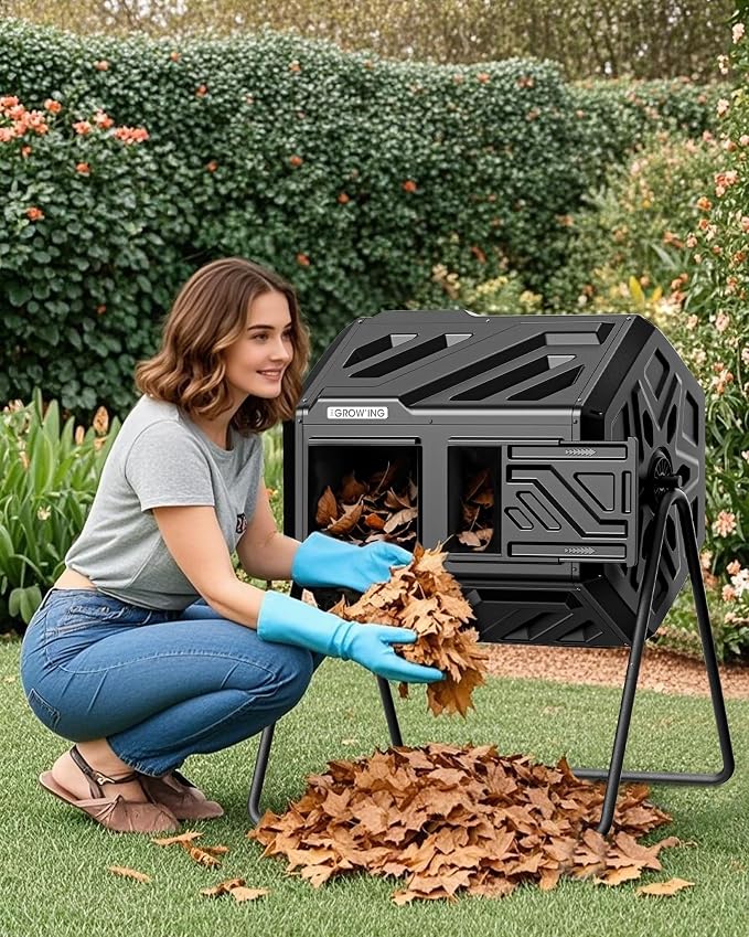 THE Growing 43 Gal Outdoor Compost Bin Tumbler for Backyard Garden, Black | Twin 21.5gal heat-absorbing chambers. Pre-embedded nuts for fast outdoor setup. Durable resin deters pests and bad odors.
