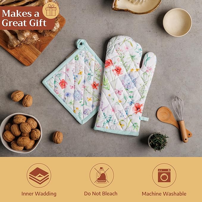 Maison d'Hermine Oven Gloves 100% Cotton Oven Mitt 7" x 13" with Loop Heat Resistant BBQ Cooking Gloves Baking Grilling Gifts for Mothers Day Spring/Summer (Pack of 1, Just Floral)