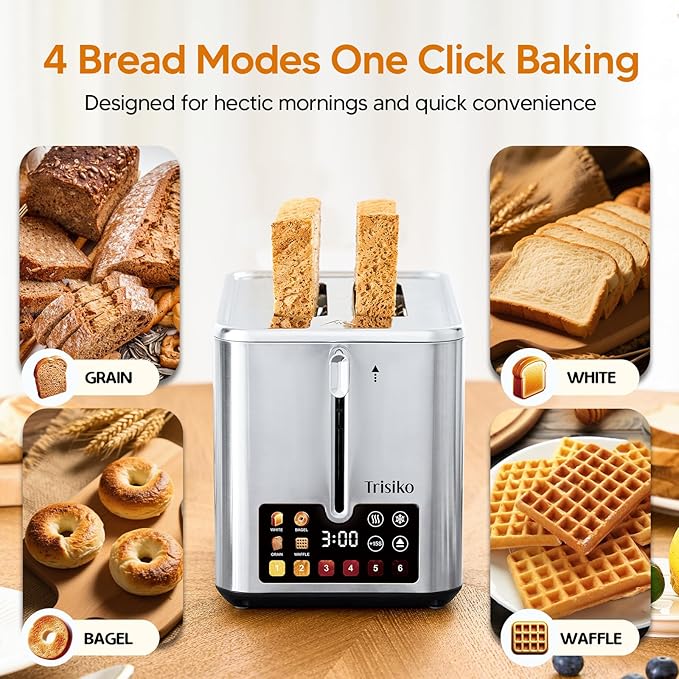 Trisiko® Touch Screen Toaster 2 Slice, Stainless Steel Smart Toaster with Digital Timer, 1.38" Extra-Wide Slots for Bread& Bagel, Great for Home, Office,Dorm