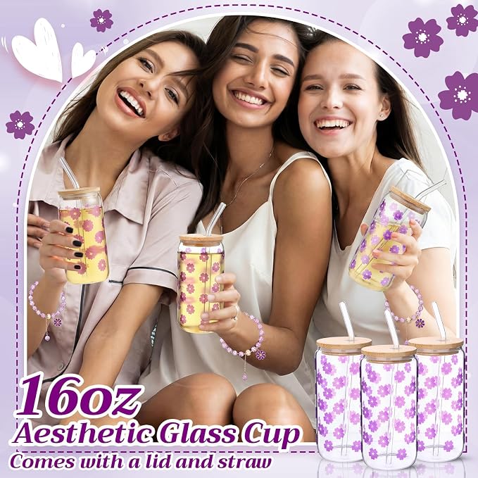 Vesici 73 Pcs Spa Sleepover Party Supplies Bulk Women 8 Sets Slumber Birthday Bridesmaid Gift Crochet Flower Glass Cup Eye Mask Hair Ties Gift Bag Bracelets Scrunchies Headband(Cherry Blossoms,Purple)