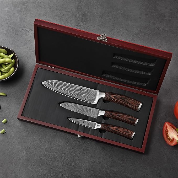 Wakoli EDIB 3-Piece Damascus Kitchen Knife Set in Wooden Gift Box, Razor Sharp Genuine Damascus Steel (VG10 Core), Includes Santoku, Small Santoku and Paring Knife, Ergonomic Pakkawood Handle