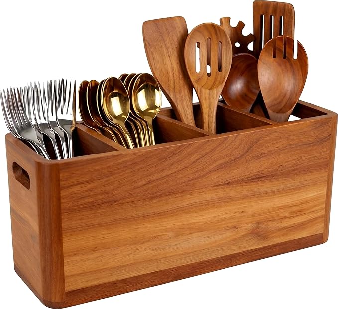 Wooden Kitchen Utensil Holder for Countertop - Extra Large Utensil Organizer for Storage Cooking and Silverware with 4 Compartment, Rustic Acacia Wood Container