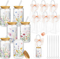 Mumufy 6 Sets Wildflower Glass Cups with Clear Gift Bag 16 oz Reusable Pink Iced Coffee Mugs Aesthetic Cute Tumbler with Lids and Straws, Gifts for Girls Women Bridesmaid