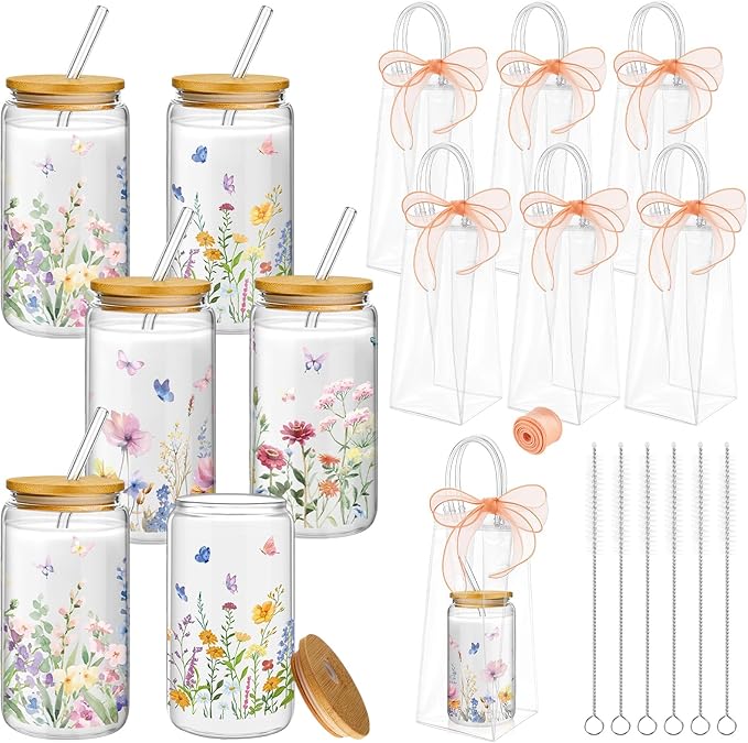 Mumufy 6 Sets Wildflower Glass Cups with Clear Gift Bag 16 oz Reusable Pink Iced Coffee Mugs Aesthetic Cute Tumbler with Lids and Straws, Gifts for Girls Women Bridesmaid